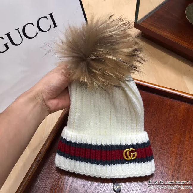 GUCCI古馳 新款百搭 羊毛配狐狸毛球原單帽子 男女同款 LLWJ5836